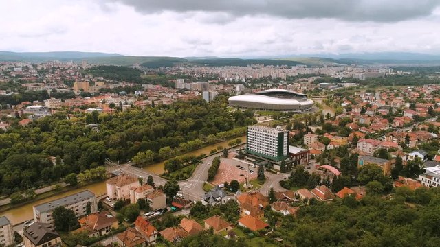  Aerial footage of the city park on a cloudy day.
