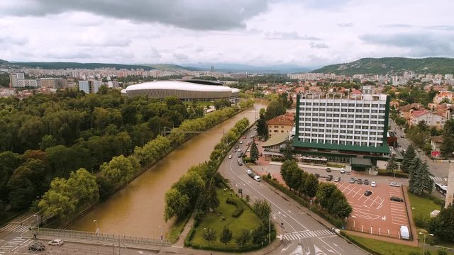  Aerial footage of the city park on a cloudy day.