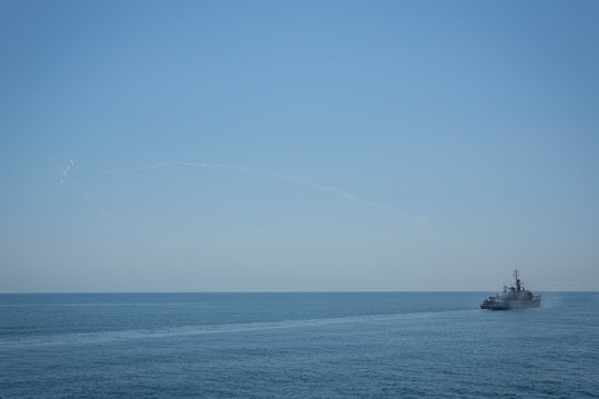 International naval exercise Breeze 2020. Burgas / Bulgaria / 07.17.20.warships, helicopters and boats perform tasks in the Black Sea. ships from Bulgaria, Romania, Spain, Turkey and others.