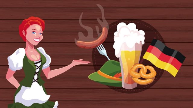 oktoberfest celebration animation with sexi german girl and berr and food