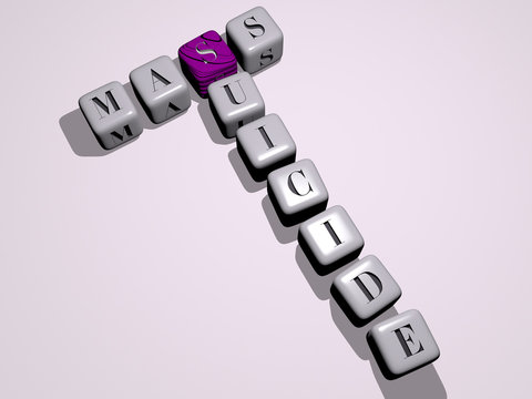 mass suicide crossword by cubic dice letters, 3D illustration