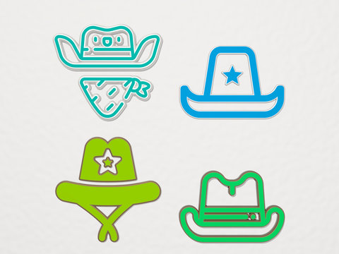 cowboy hat 4 icons set, 3D illustration