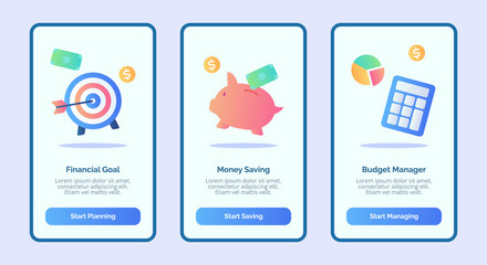 Financial goal money saving budget manager for mobile apps template banner page UI with three variations modern flat color style