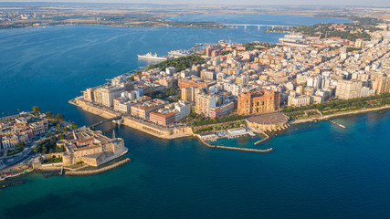 Beautiful panoramic aerial view photo from flying drone on Old medieval Aragonese Castle on sea...
