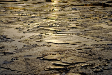ice melts on the river at dawn, Moscow