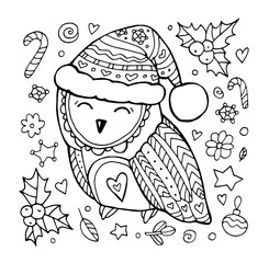 Cute owl in a Santa Claus hat. Merry Christmas card. Holly berry, snowflake, star, flower, ball, heart. Set collection. Vector artwork, hand drawn sketch. Black and white. Coloring book page for kids