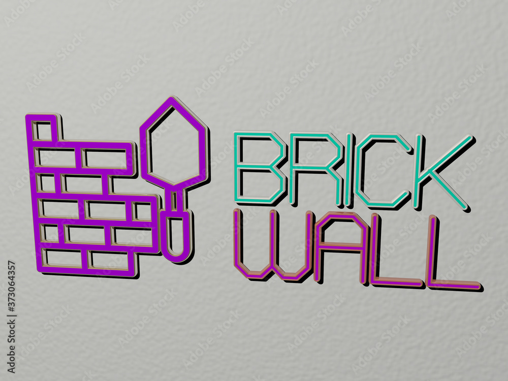 Poster 3d graphical image of brick wall vertically along with text built by metallic cubic letters from the