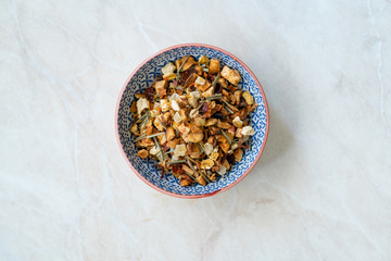 Refreshing Dry Tea Satsuma, Pineapple and Apple in Bowl served for Cold Tea in Summer.