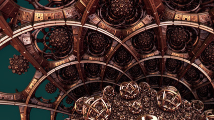 Abstract background 3D, fantastic ancient civilization architecture, copper metal render illustration.