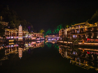 Fototapeta premium Scenery view in the night of fenghuang old town .phoenix ancient town or Fenghuang County is a county of Hunan Province, China