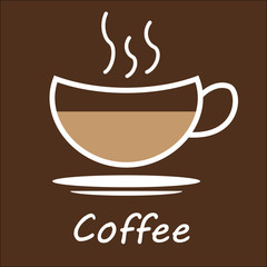 Cup of coffee on brown background, coffee icon, coffee logo. Decoration for cafes, coffee houses. Vector illustration.
