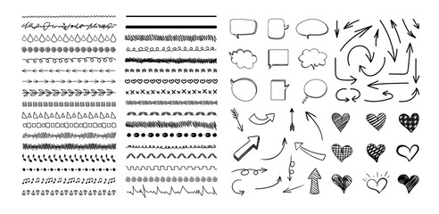 Vector set of hand drawn decorative elements isolated on white background, black drawings collection, doodle illustration.