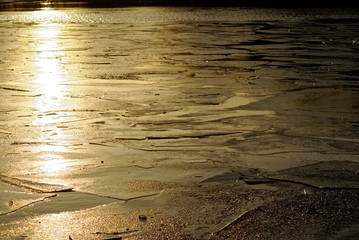 ice melts on the river at dawn, Moscow