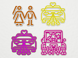 just married 4 icons set, 3D illustration