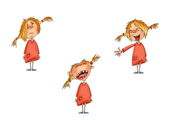 little red-haired cartoon girl in a red dress with different emotions.