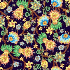 Fototapeta na wymiar Indian traditional floral seamless pattern colourful on the dark background