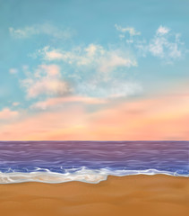 Sunset beach vertical vector illustration. Light rose romantic sky with spindrift clouds on it and no sun. Realistic vector paradise sea shore or sand coast with nobody on it.