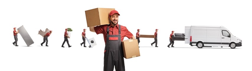 Worker carrying boxes and movers in the back loading items into a van