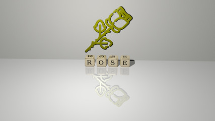 rose text of cubic dice letters on the floor and 3D icon on the wall, 3D illustration