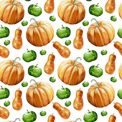 Watercolor hand painted seamless pattern with ripe orange pumpkins and green  apples on white background.