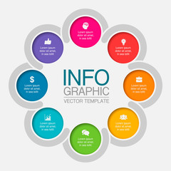 Vector infographic template, circle with 8 steps or options. Data presentation, business concept design for web, brochure, diagram.