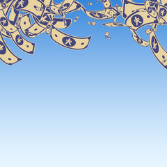Chinese yuan notes falling. Messy CNY bills on blu