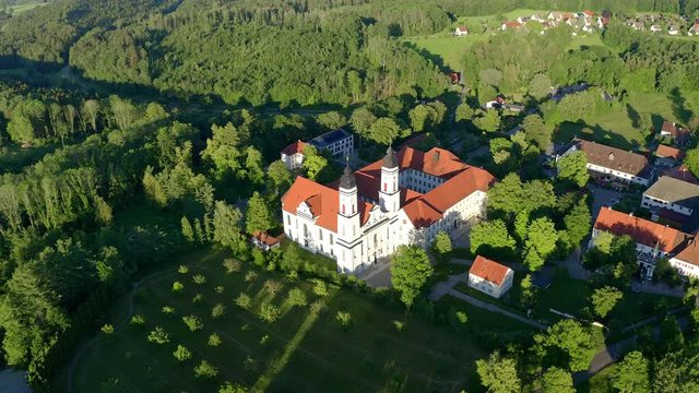 Aerial view flight at Benedictine monastery in Irsee, Diocese of Augsburg, Bavaria, Germany,