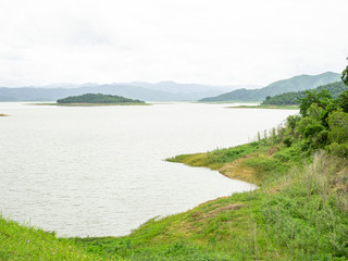 Landscape picture of a reservoir on a dam in Thailand