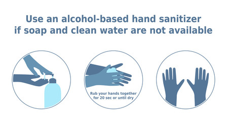 Vector illustration 'Use an alcohol-based hand sanitizer'. Set of 3 circle icons of sanitizer using step by step. Cleaning hands infographic. Instruction for health posters and banners.