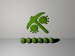 MINING 3D icon on the wall and text of cubic alphabets on the floor, 3D illustration
