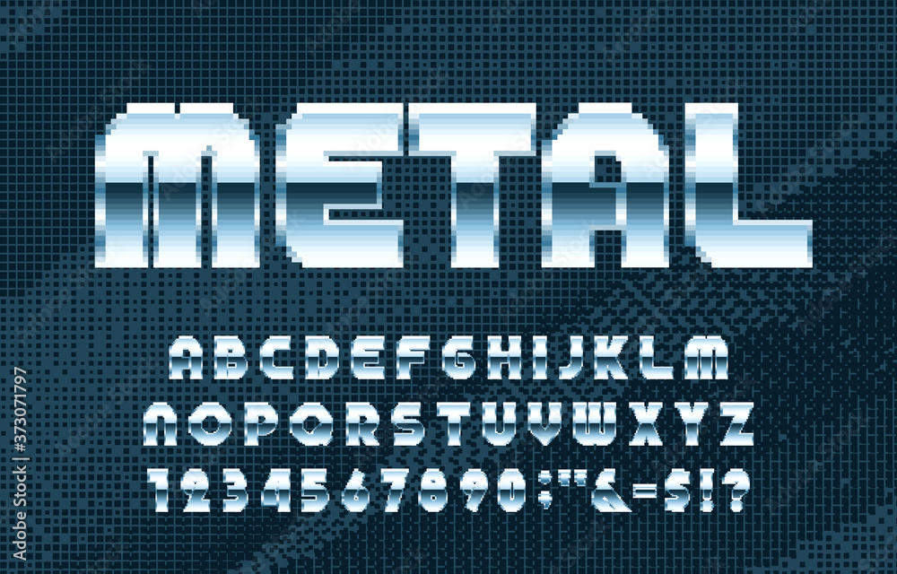 Fototapete metal alphabet font. pixel letters, numbers and symbols. digital background. 80s arcade video game t