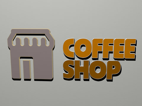 COFFEE SHOP icon and text on the wall, 3D illustration