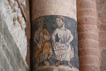 Closeup of a painting of patriarch Jacob and his son Joseph on the wall of a church