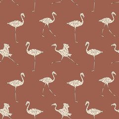 Seamless pattern with polygon flamingos. Low poly animal. Triangle graphic, origami style. Terracotta background. Abstract geometric modern design. .Vector illustration for fabric, printing, t-shirts