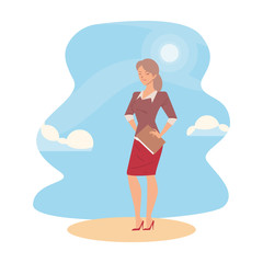 businesswoman cartoon with file sun and clouds vector design