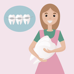 A cute girl with braces on her teeth is happy with a healthy smile.  Banner for advertising children's dental clinic. Dental care - orthodontic treatment and straightening of teeth. Flat vector