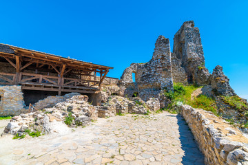 The old ruins of castle Cachtice (Čachtice in local speak). Ruined castle on top of hill at...
