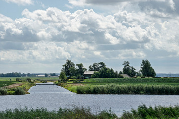 Fototapeta na wymiar Kampen, The Netherlands, July 26, 2020: landscape with a small lake lined with reeds, trees, farms and meadows under a dramatic sky
