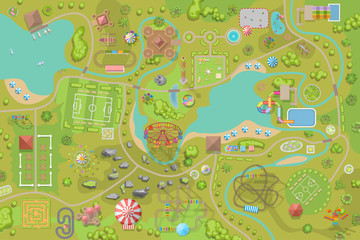 Amusement park map. (Top view) Attractions, paths, lake, river, plants, playground. (View from above) - obrazy, fototapety, plakaty