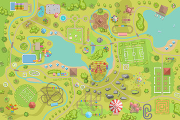Amusement park map. (Top view) Attractions, paths, lake, river, plants, playground. (View from above)