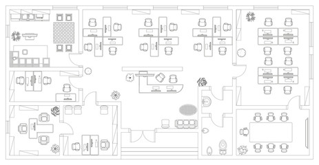 Office. Top view. Working space.  Office room, meeting room, reception, restroom, office furniture, cabinets, desks, chairs, computers. View from above. © Алексей Шпадарук