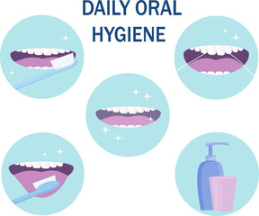 daily oral hygiene. How to brush your teeth and tongue properly using a toothbrush and floss. An example would be an open mouth with white, clean and healthy teeth and care items. information banner