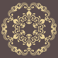 Oriental vector pattern with arabesques and floral elements. Traditional classic ornament. Vintage round golden pattern with arabesques