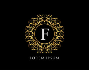 Calligraphic Badge with Letter F Design. Ornamental luxury golden logo design vector illustration.