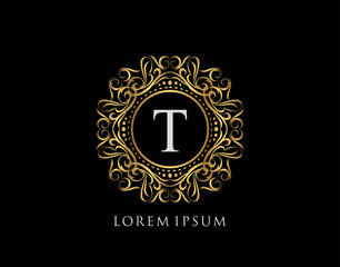 Calligraphic Badge with Letter T Design. Ornamental luxury golden logo design vector illustration.
