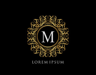 Calligraphic Badge with Letter M Design. Ornamental luxury golden logo design vector illustration.
