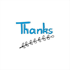 Hand written lettering Thanks in blue color with linear branch on white background