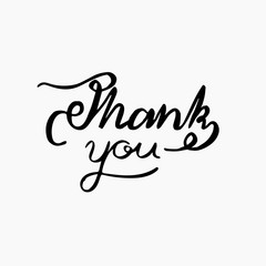 Hand written lettering Thank you in black color on white background