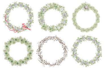 Watercolor Christmas wreath with pine tree branches and flowers hand drawn illustration isolated