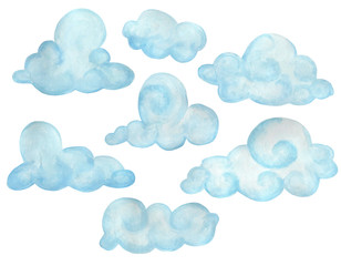 Blue fluffy clouds. Set of children's illustrations. Hand-drawn. Isolated on white background.